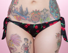 Load image into Gallery viewer, Black Cherry Bomb Bow Tie Side Bikini Bottom
