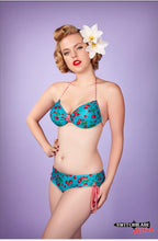 Load image into Gallery viewer, Teal Cherry Bomb Butterfly Halter Swimsuit Top

