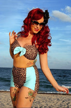 Load image into Gallery viewer, Leopard Lounge Turquoise Retro Two-toned High Waist Bikini Bottom
