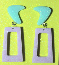 Load image into Gallery viewer, Boomerang Alley Retro Dangle Earrings in purple and turquoise
